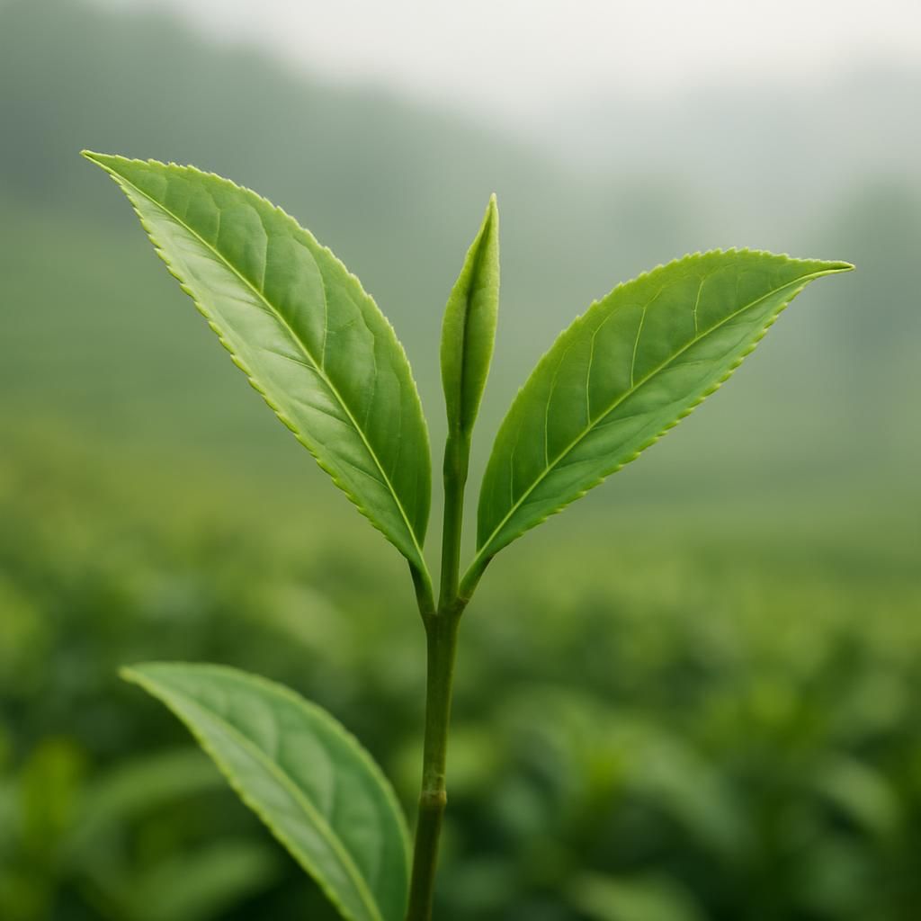 Close-up of fresh Camellia sinensis var. assamica tea shoots showing two leaves and a bud on a misty plantation