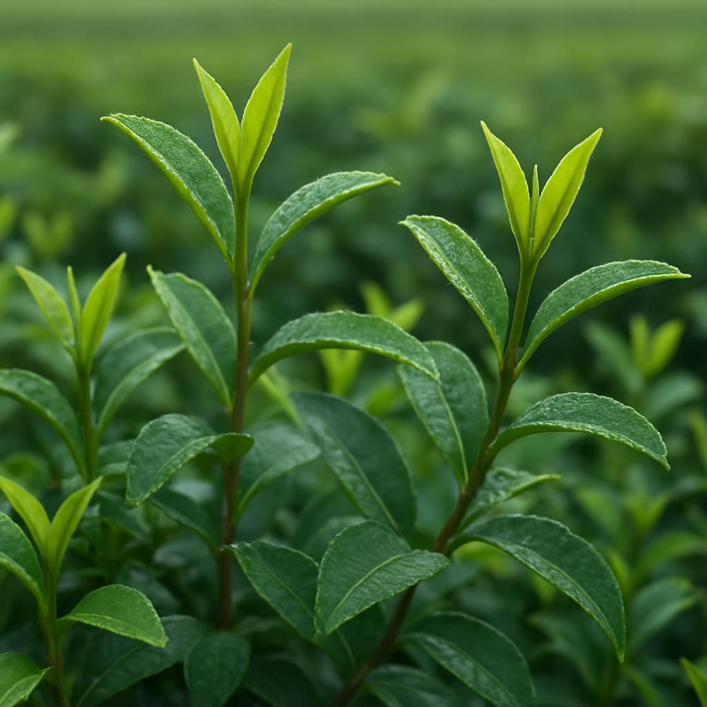 Close-up of vibrant Camellia sinensis tea leaves ready for harvest in misty highland plantation