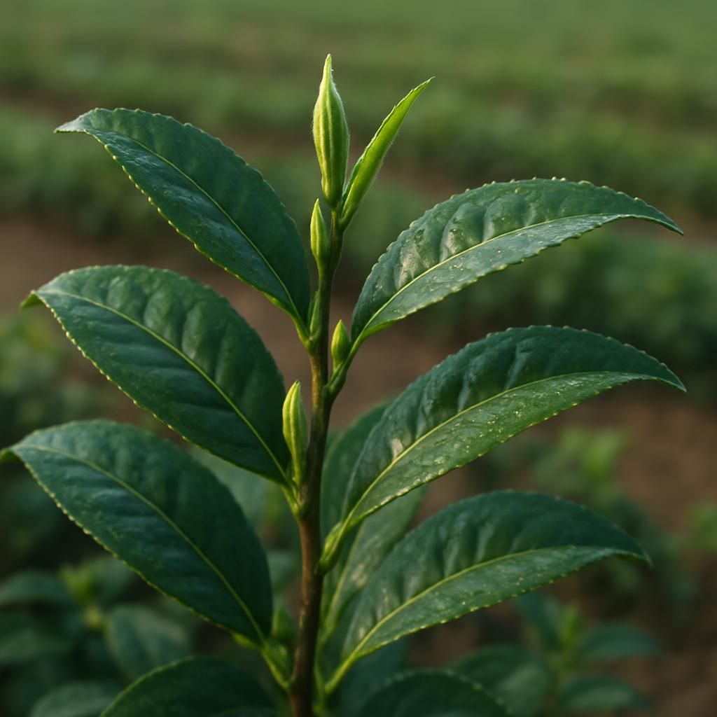 Close-up of Tie Guan Yin tea plant with vibrant leaves and buds ready for harvest