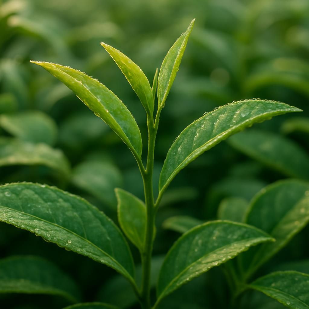 Close-up of lush Puerh tea leaves on Camellia sinensis var. assamica plant ready for harvest
