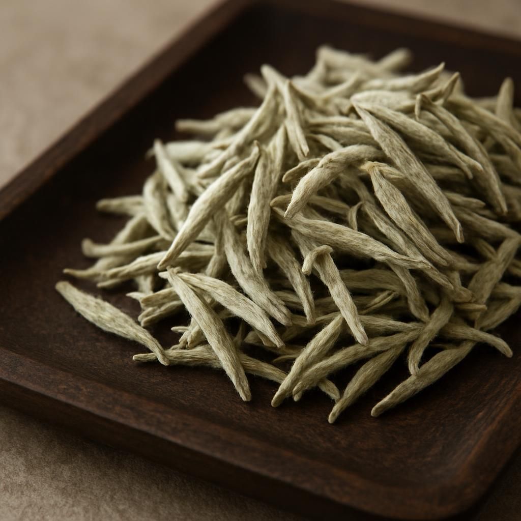 Close-up of premium Silver Needle white tea buds showing characteristic silvery pubescence