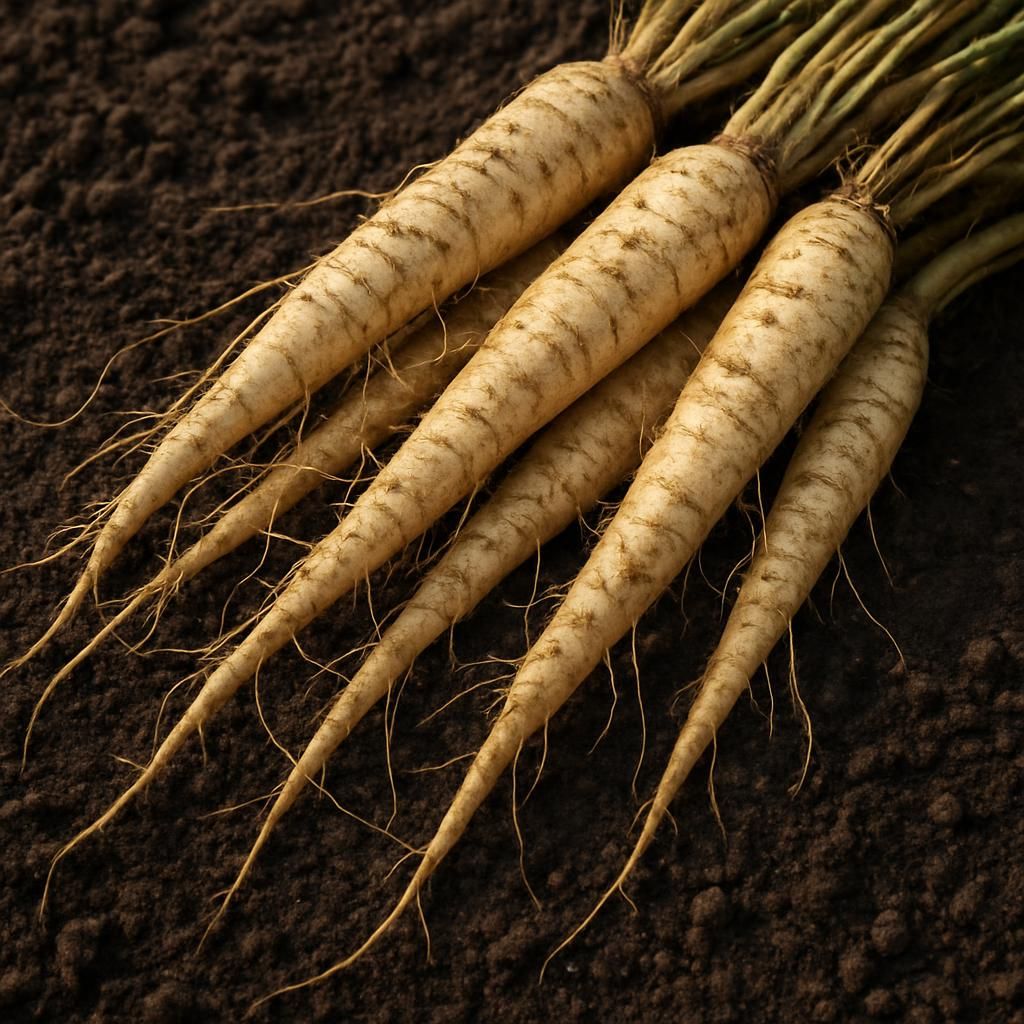 Freshly harvested Teasel Root taproots on soil ready for curing and storage