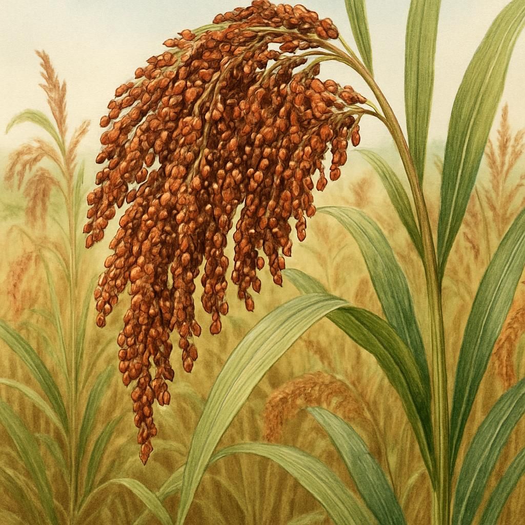 Close-up of red/brown teff grains, showcasing the crop's vibrant color and texture.