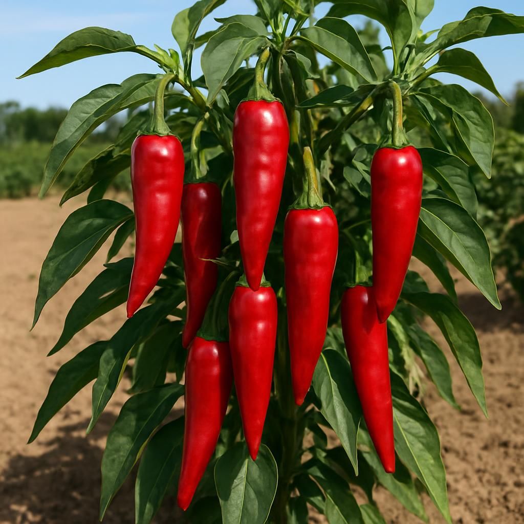 Close-up of ripe red Teja Chili peppers on the plant ready for harvest in an Indian farm field