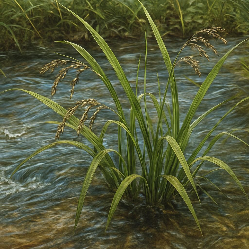Close-up of Texas Wild Rice growing in a Texas river with clear water.