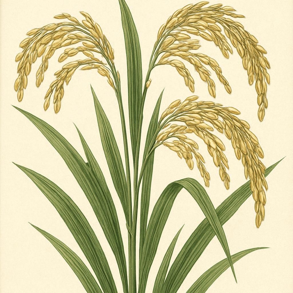 Close-up of a mature field of Texmati rice, showcasing its lush green growth and ripened grains.