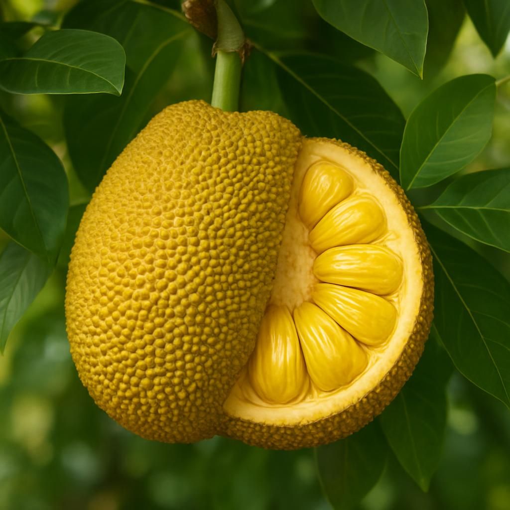 Ripe Thai All-Time Jackfruit on tree with golden flesh close-up for professional growing guide