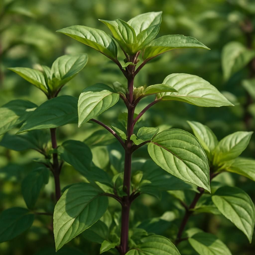 Close-up of Thai Basil (Siam Queen) with lush green leaves and vibrant purple stems in a garden.