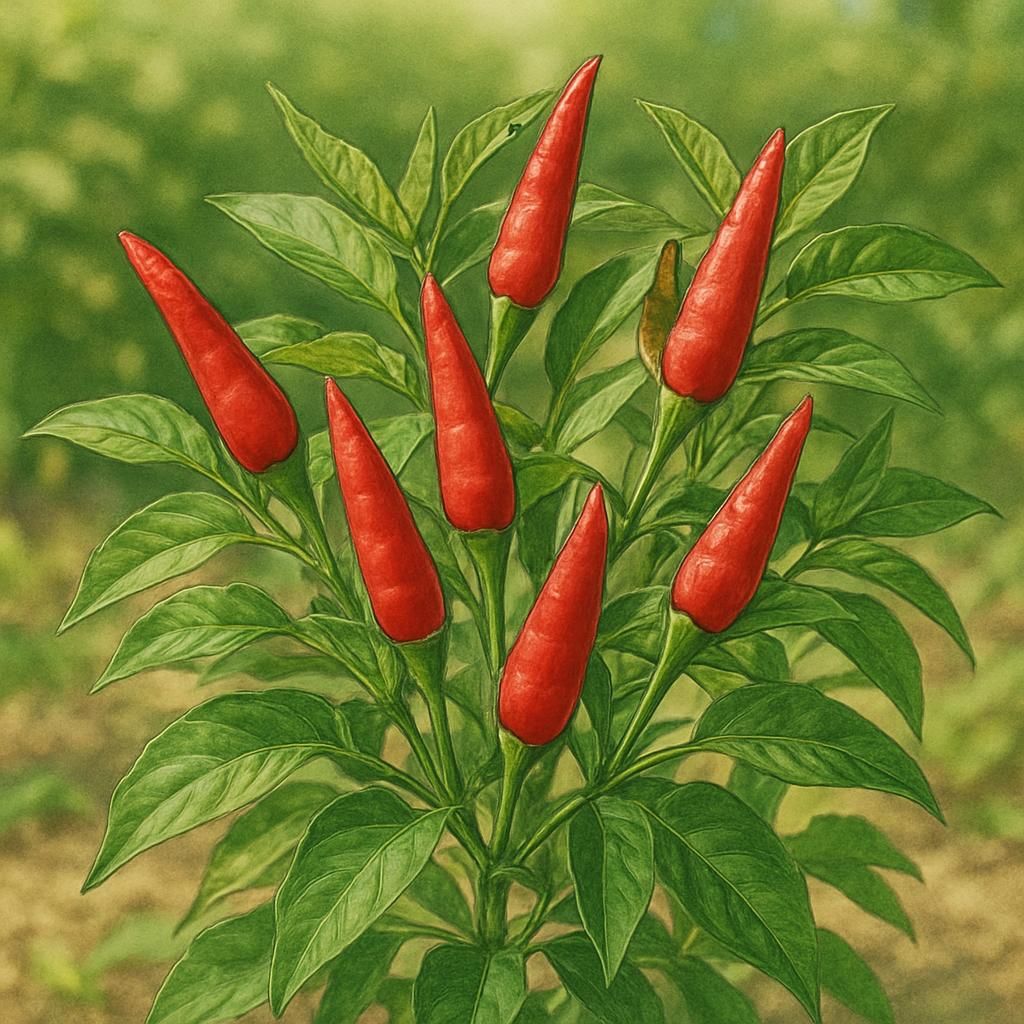 Close-up of ripe red Thai Bird's Eye chilies on the plant ready for harvest