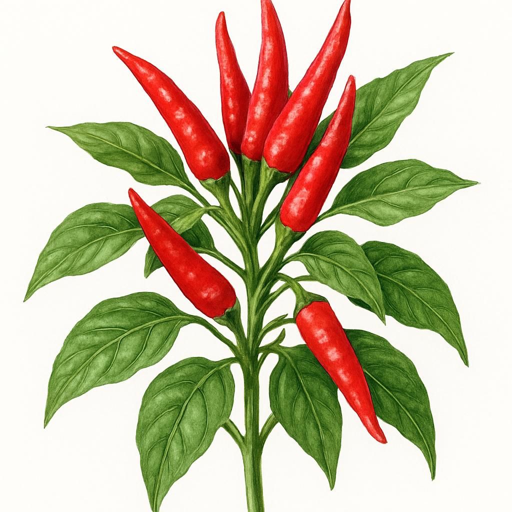 Close-up of ripe red Thai Dragon Chili peppers on the plant