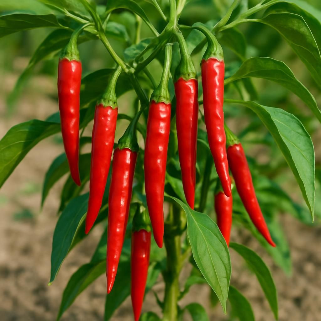 Close-up of ripe Thai Hot Chili peppers growing on a healthy plant in full sun