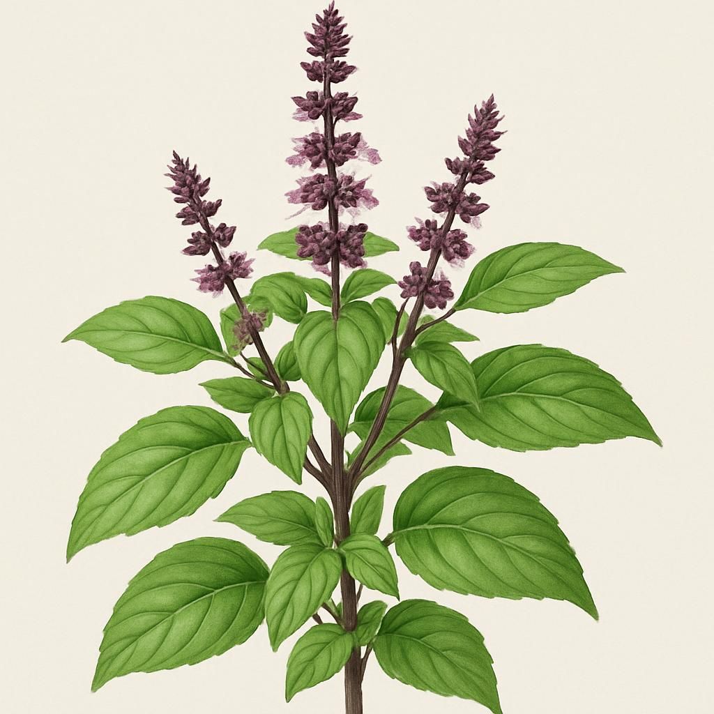 Close-up of Thai Towers Basil showcasing its tall, columnar growth with vibrant green leaves and purple flowers.