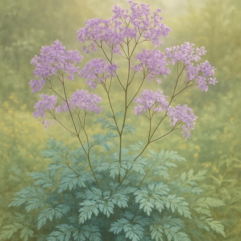 Close-up of Thalictrum meadow-rue with lavender blooms and ferny foliage in a shaded perennial border
