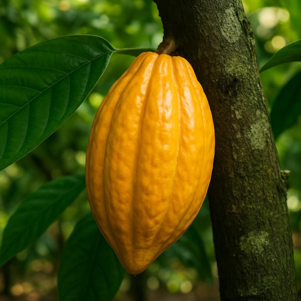 Close-up of ripe yellow-orange Theobroma cacao pod on tree with lush green leaves in tropical orchard