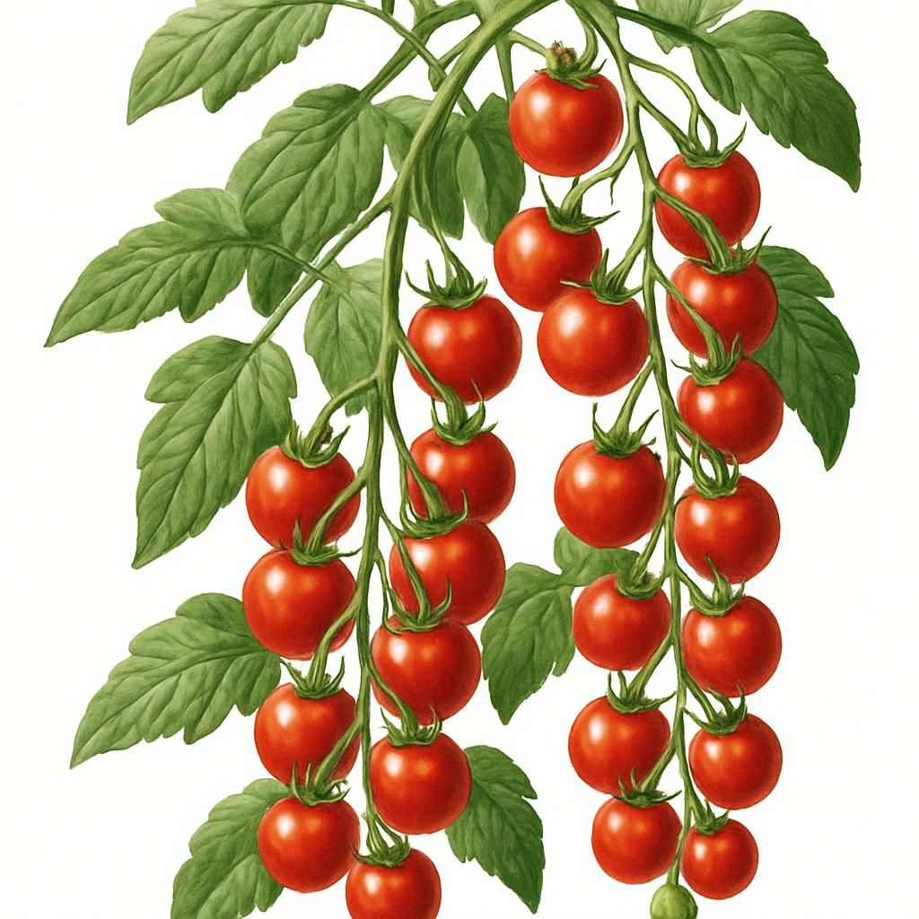 Cascading clusters of ripe Thousand Flower Tomatoes on healthy green vines in bright natural light
