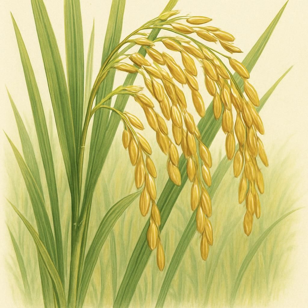 Close-up of Thuyamalli Rice showing its medium-length grains and slight yellowish color in a field.