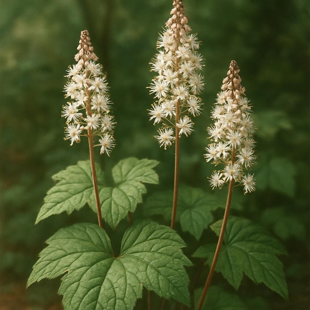 Tiarella cordifolia foamflower with white blooms and veined foliage in shade garden