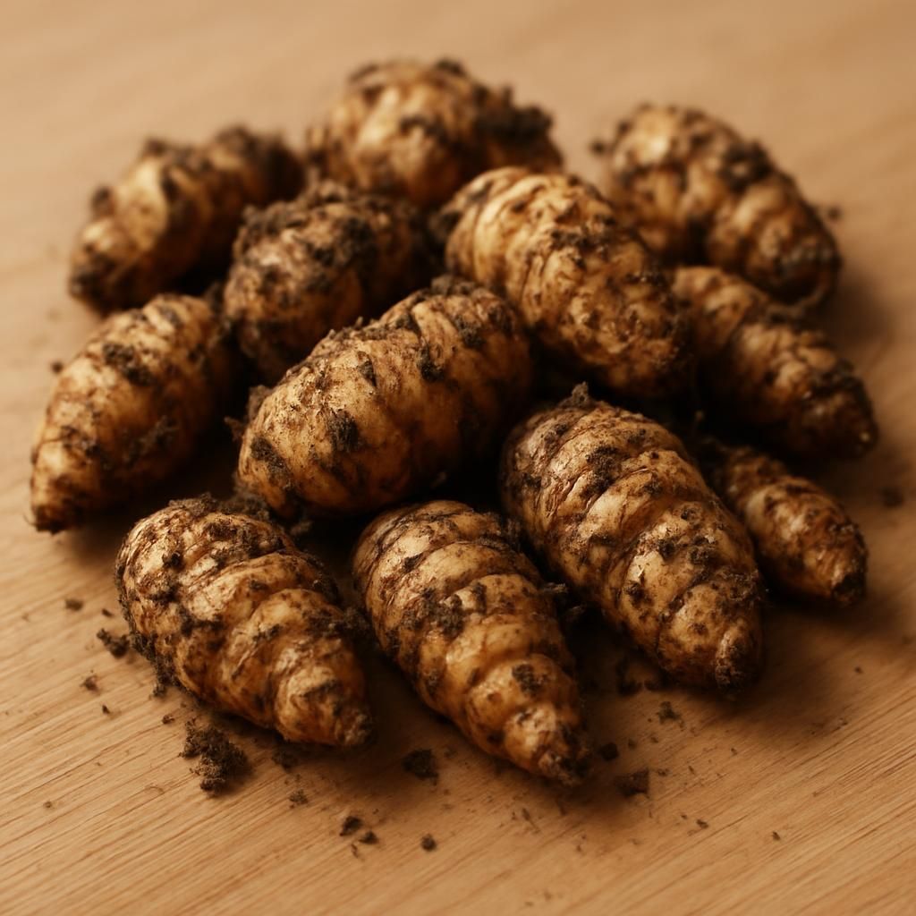 Close-up of freshly dug tiger nut chufa tubers showing wrinkled tan skins and fibrous roots on wooden surface