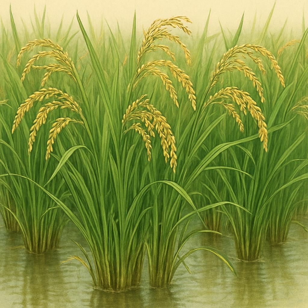 Close-up of Tosya Rice plants in a flooded field, showcasing ripe grains and lush greenery.