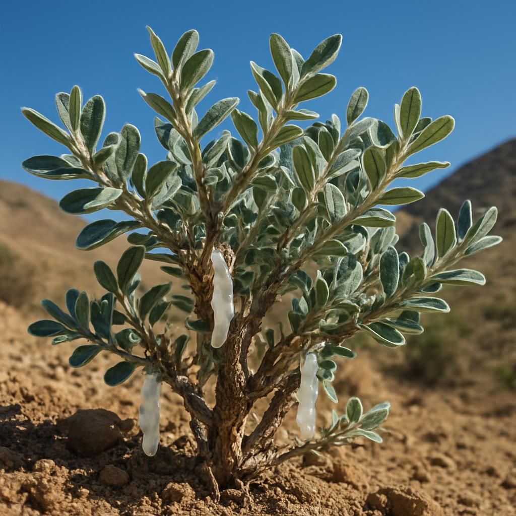Close-up of Tragacanth Gum plant with dried white gum exudate on thorny stems in arid soil
