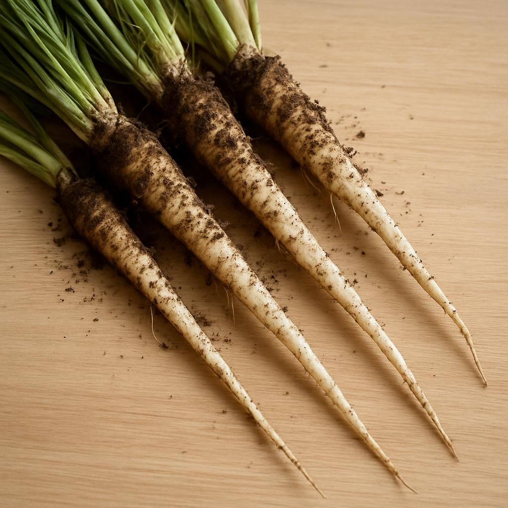Freshly harvested salsify roots showing long white taproots ready for kitchen use