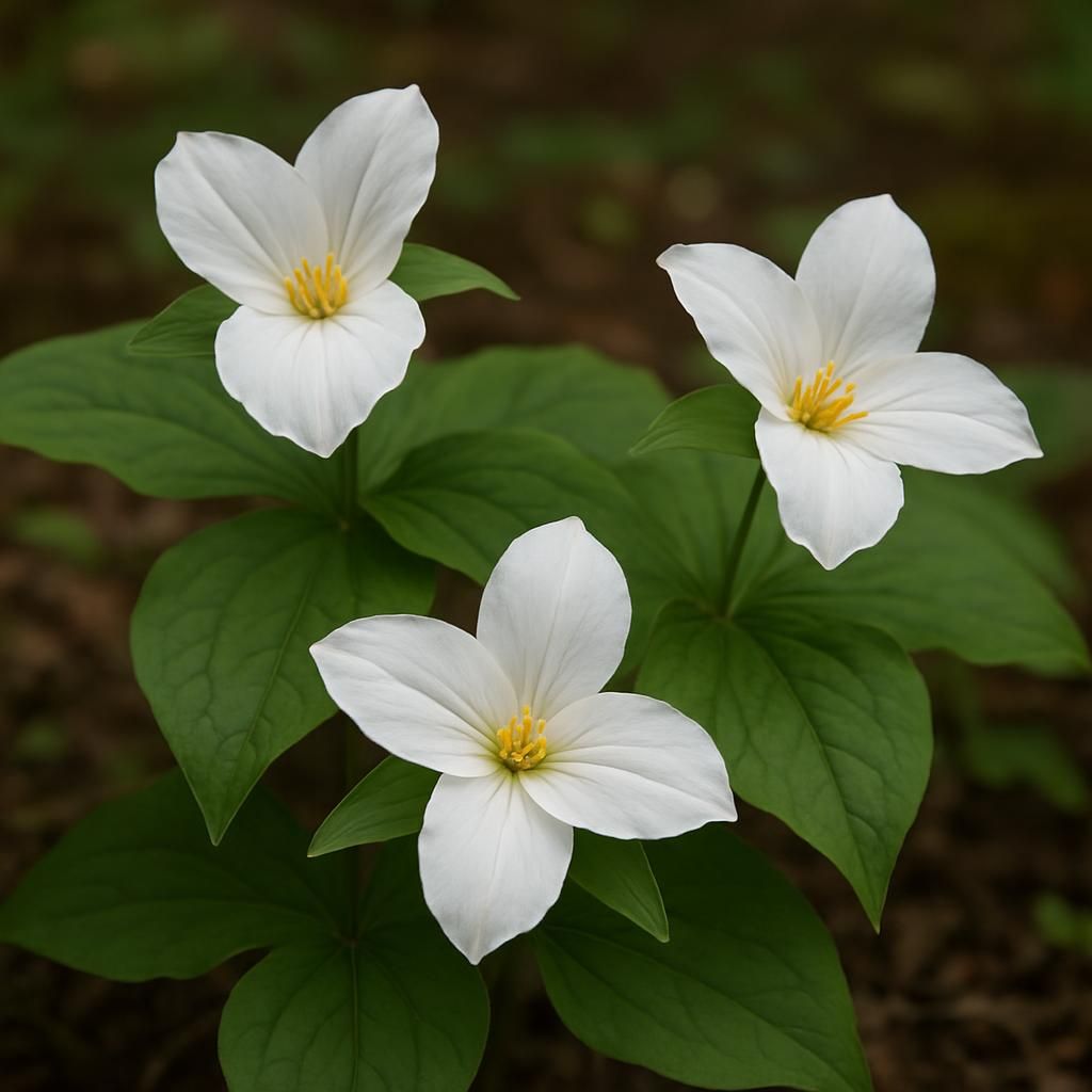 Close-up of white trillium wildflowers growing on shaded forest floor with lush green foliage