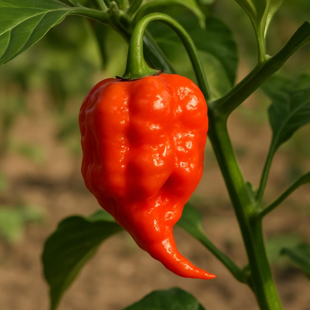 Ripe red Trinidad Scorpion Butch T chili pepper with scorpion tail growing on plant