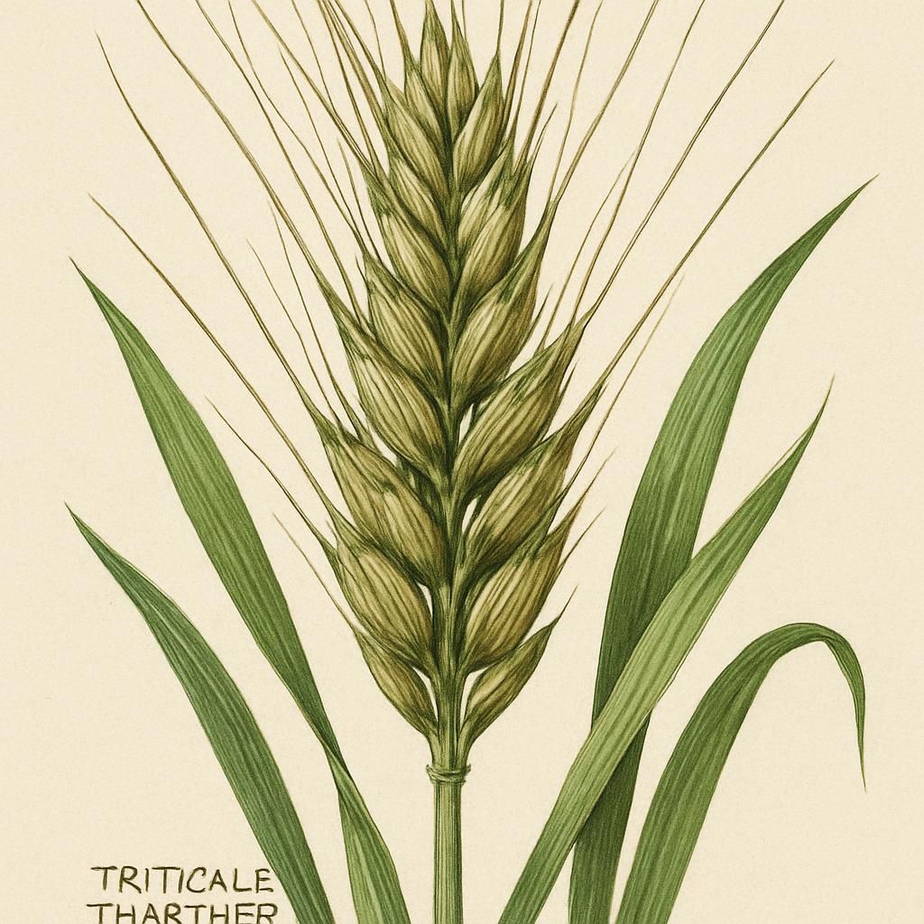 Close-up of Triticale 'Thatcher' plant, showcasing its hybrid spikelets and lush green foliage.