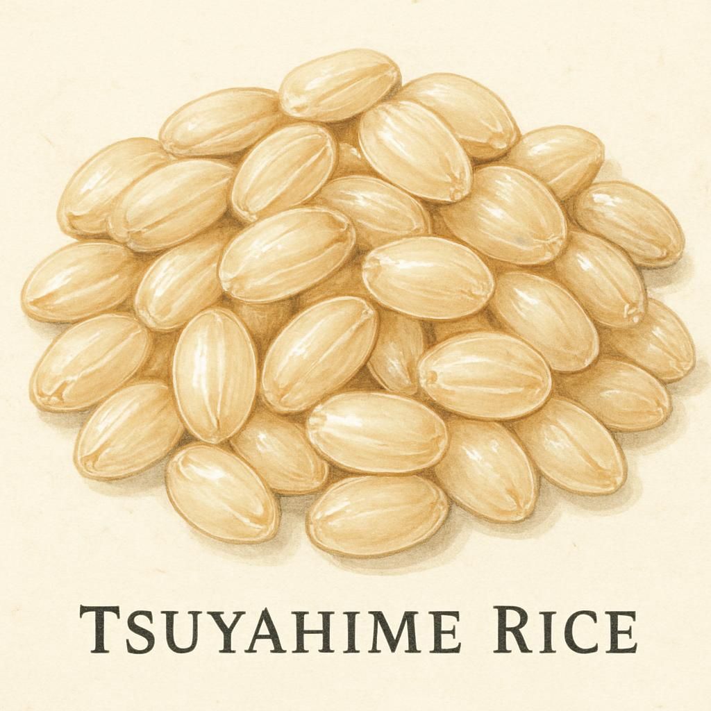 Close-up of glossy Tsuyahime Rice grains with a distinctive shine and texture.