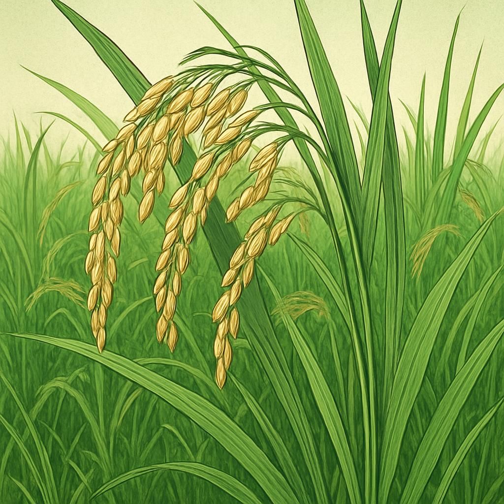 Close-up of lush Tulaipanji Rice plants in a green field.