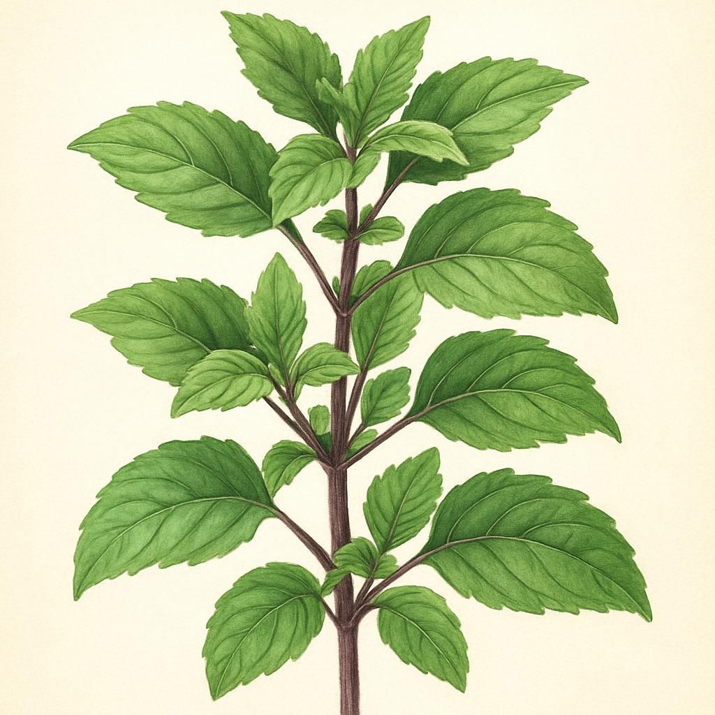 Close-up of Tulsi (Kapoor) with green leaves and purple stems, emphasizing its aromatic qualities.