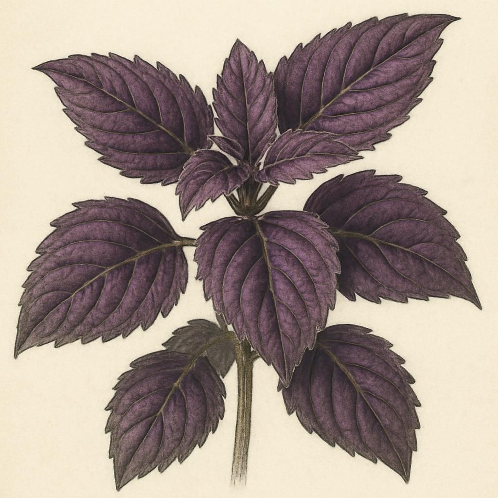Close-up of Krishna Tulsi leaves with vibrant purple and green coloration.