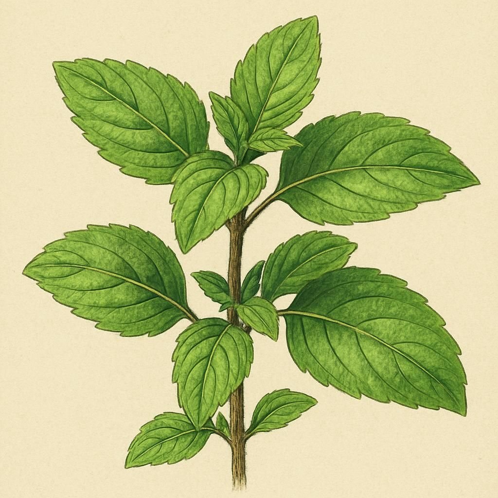 Close-up of Tulsi (Rama) leaves showing vibrant green colors and aromatic features.