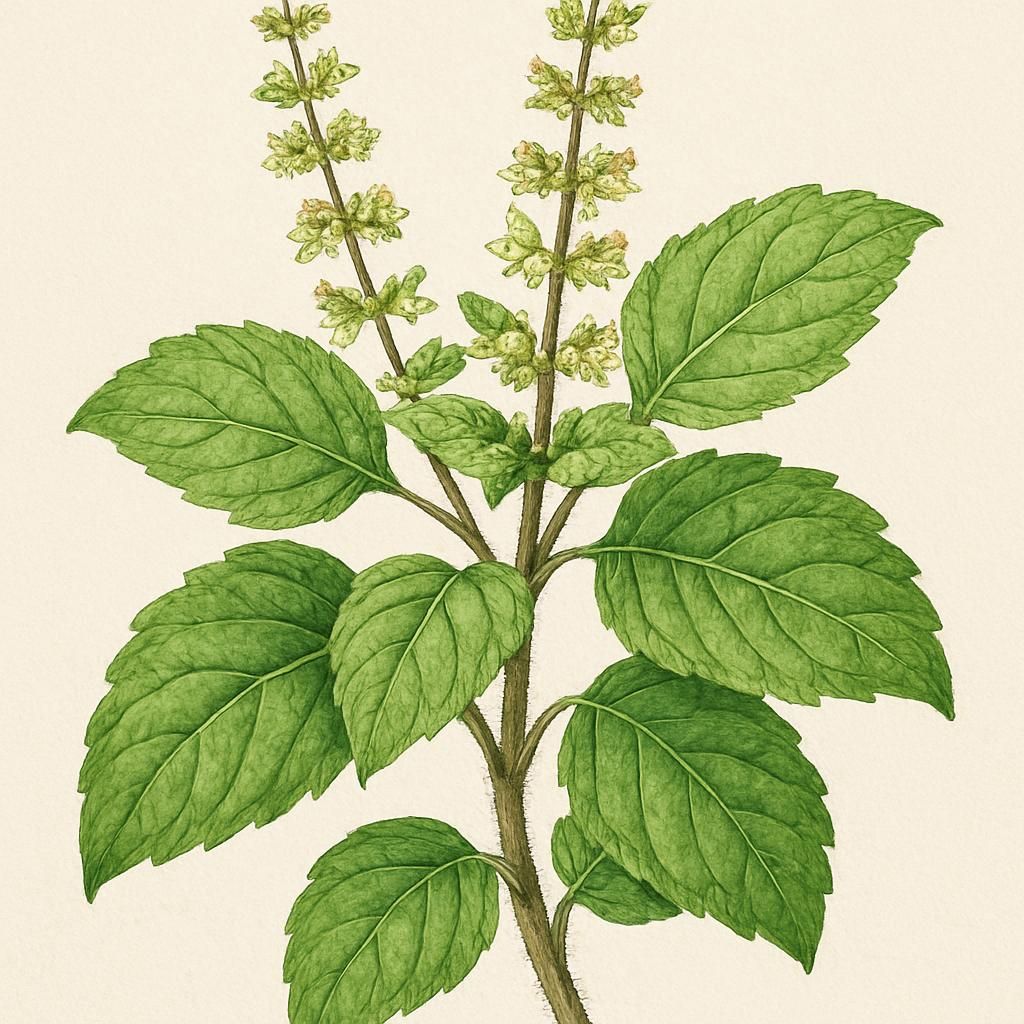 Close-up image of Tulsi (Vana) leaves showcasing the lush green foliage.