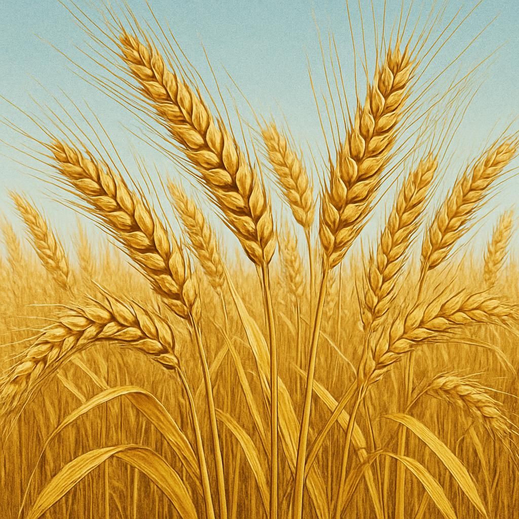 Close-up of Turkey Red Wheat with golden heads ready for harvest under a blue sky.