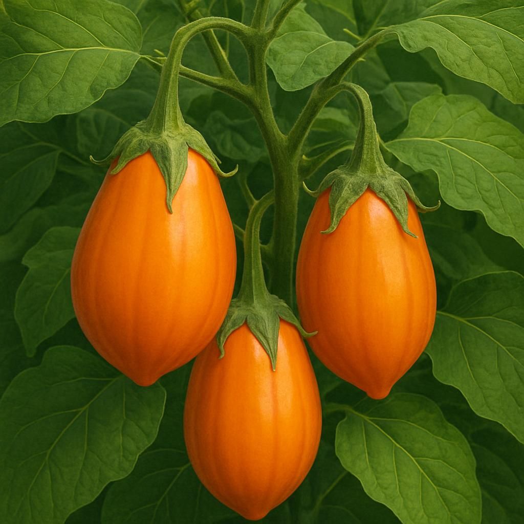 Close-up of vivid Turkish Orange Eggplants on the plant with lush foliage.