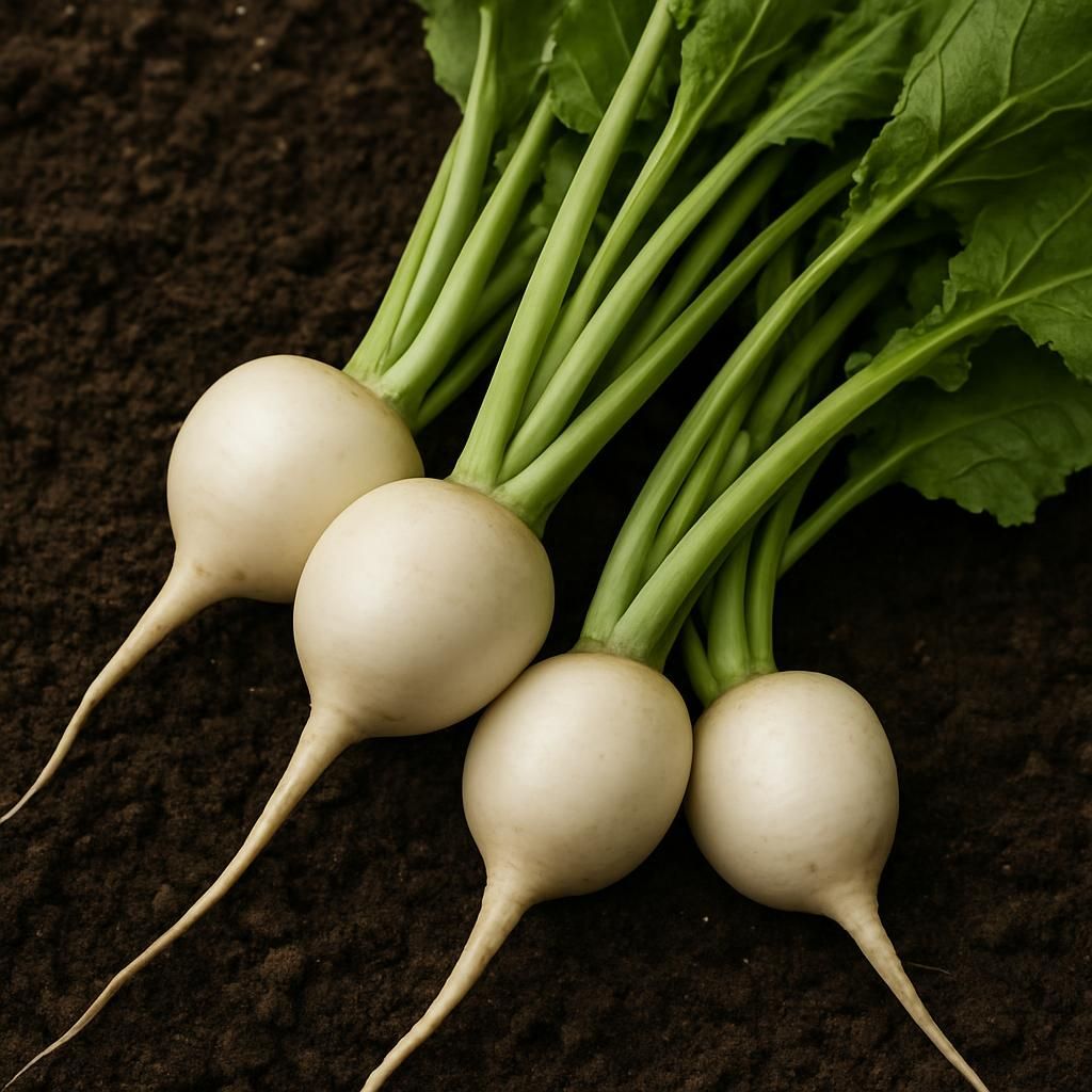 Freshly harvested Gilfeather turnips showing smooth white roots and leafy greens in field