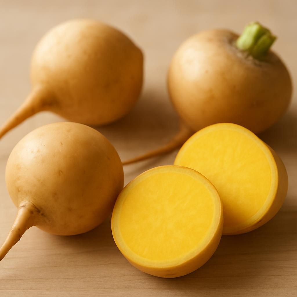 Golden Ball turnips showing smooth skin and bright yellow flesh on rustic wood