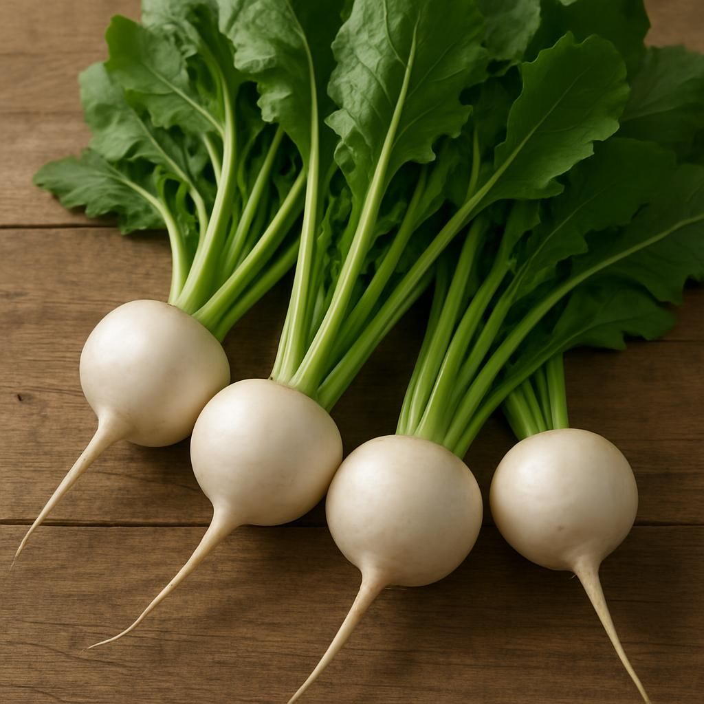Freshly harvested Hakurei Tokyo turnips showing crisp white roots and tender green tops on wooden surface