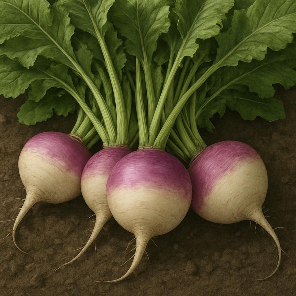 Freshly harvested Purple Top White Globe turnips showing purple shoulders and crisp white roots