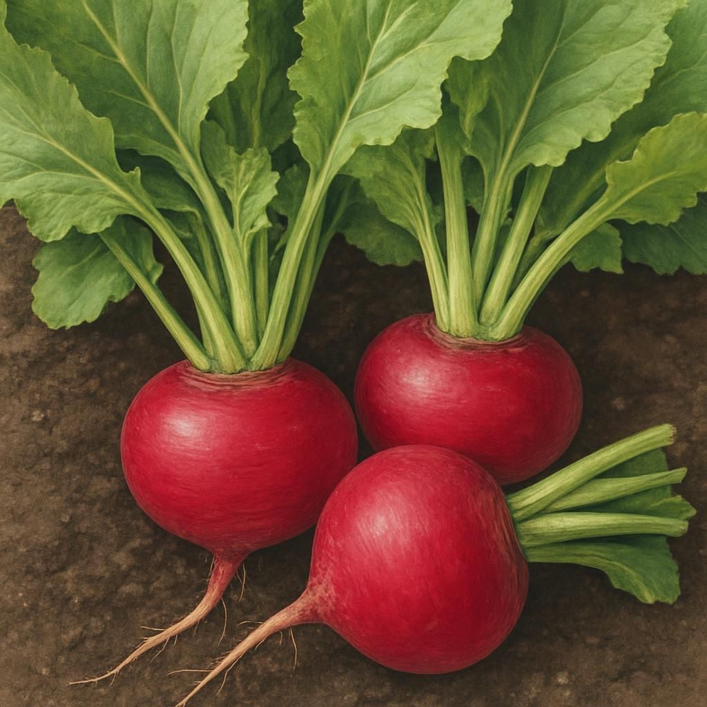 Close-up of fresh Scarlet Ohno turnips showing bright red skin and leafy tops in garden soil