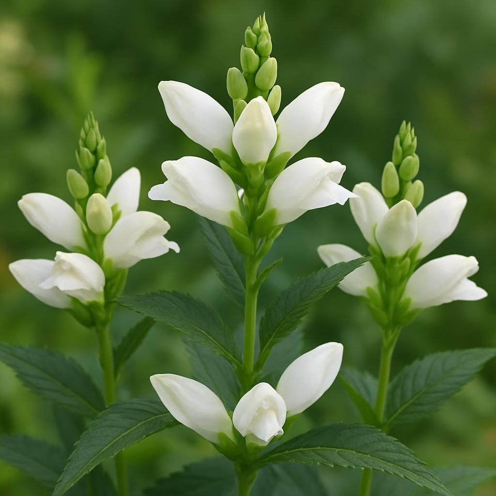 Close-up of white turtlehead flowers (Chelone glabra) showing distinctive hooded blooms and dark green foliage in a garden setting