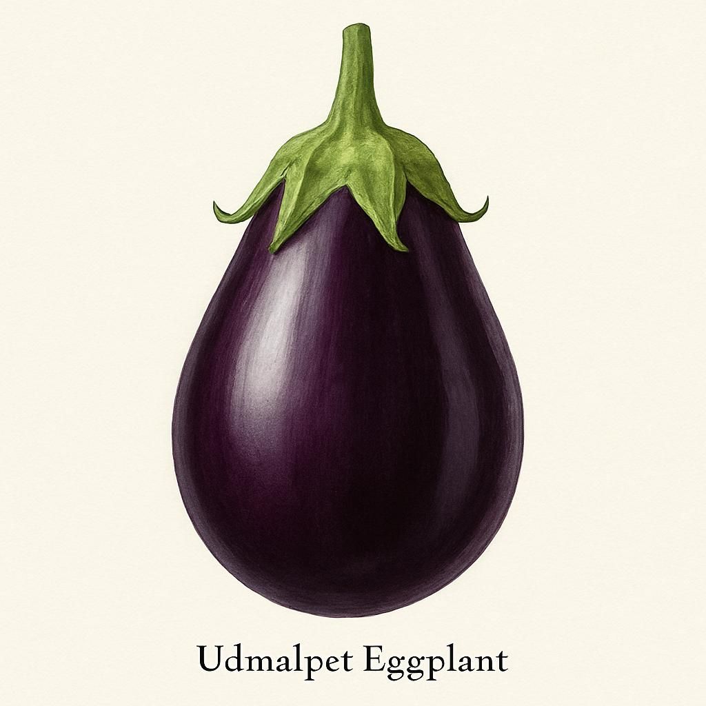 Close-up of Udmalpet Eggplant with glossy purple skin, highlighting its rich texture.