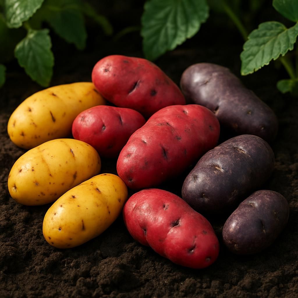 Colorful harvested ulluco tubers on soil with green leaves