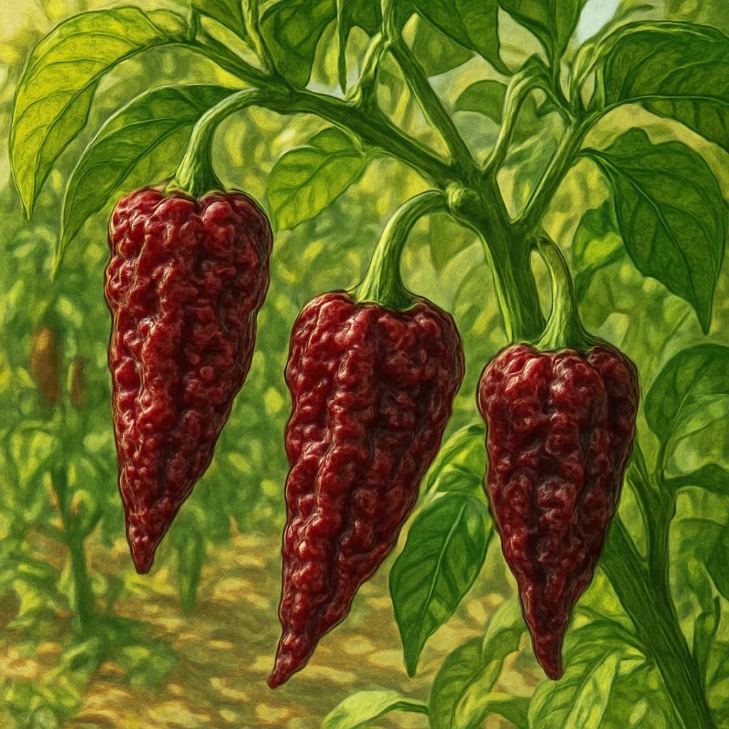 Close-up of Urfa Biber peppers on the plant with deep maroon color and wrinkled texture.