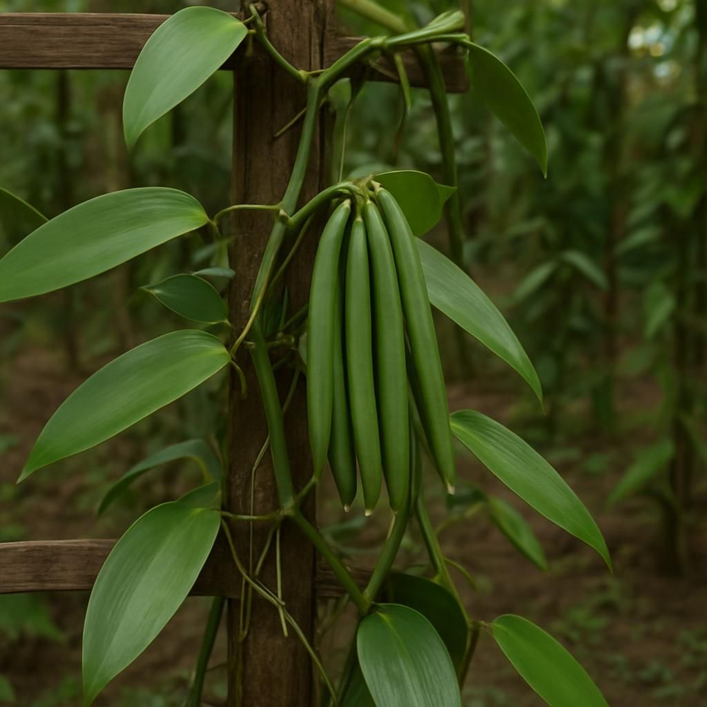 Close-up of Vanilla planifolia vine with green pods on trellis in Madagascar plantation