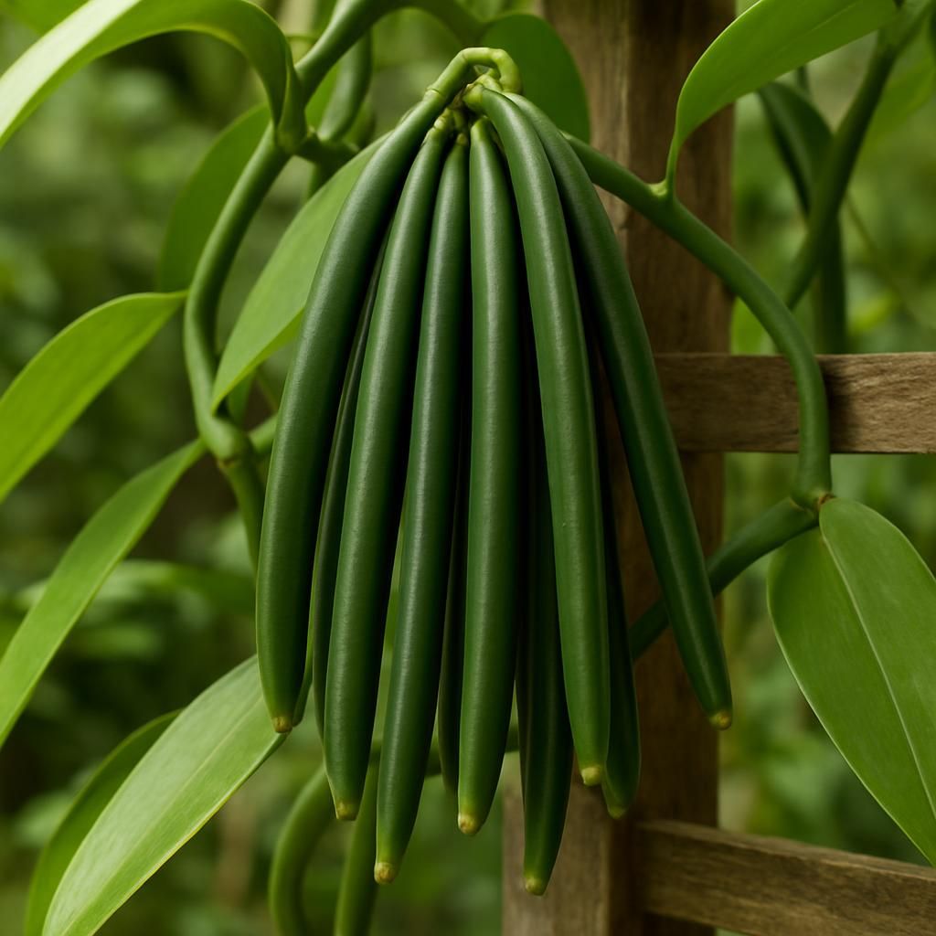 Close-up of large, glossy Vanilla pompona pods on a climbing vine under tropical shade