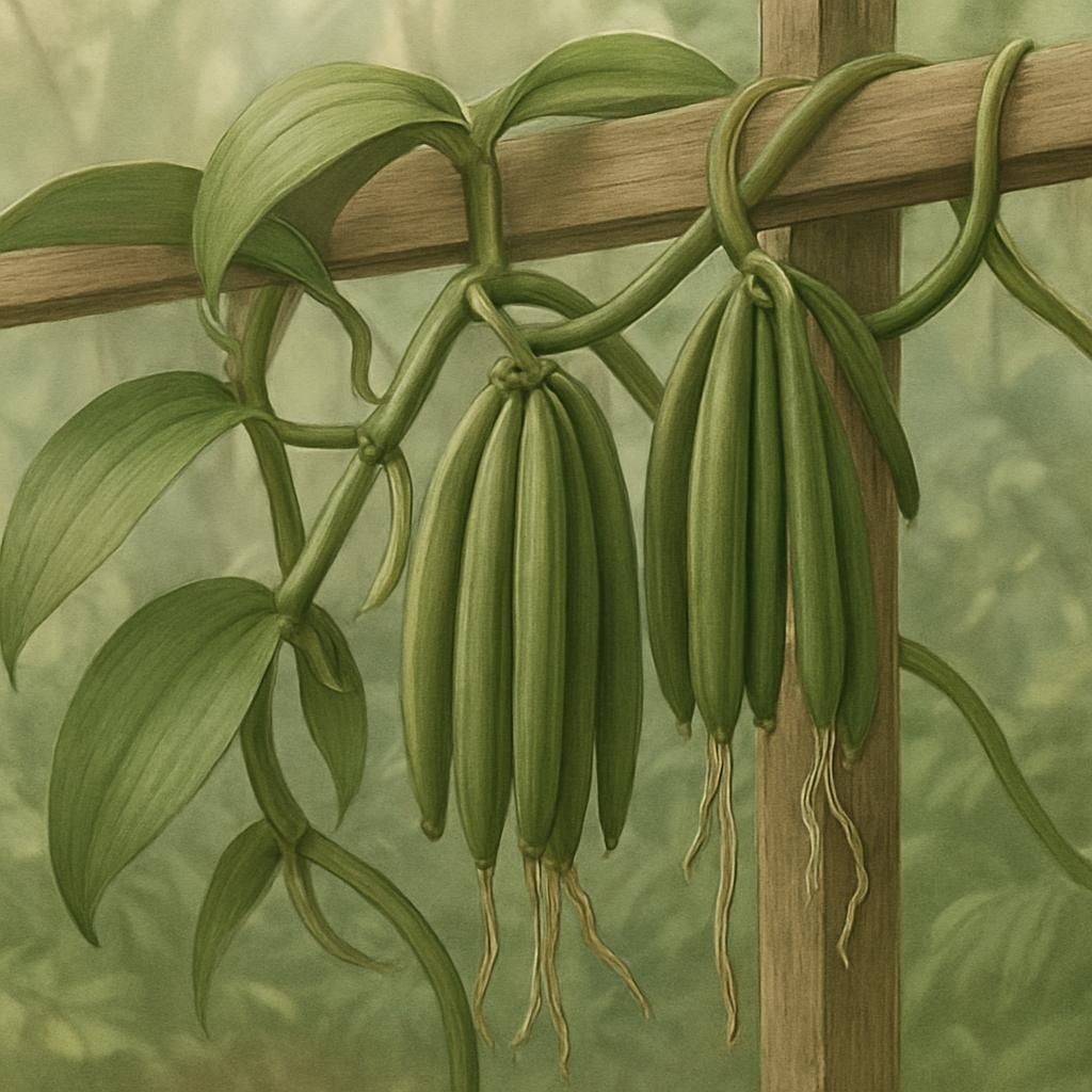 Close-up of Vanilla tahitensis vine with green leaves and ripening pods on trellis in tropical shade