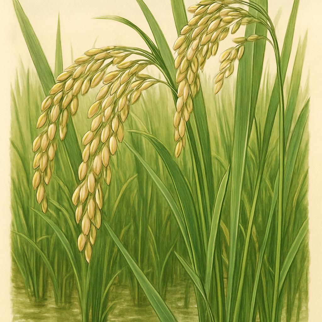 Close-up of Vialone Nano Rice plants flourishing in a paddy field with clear sky.