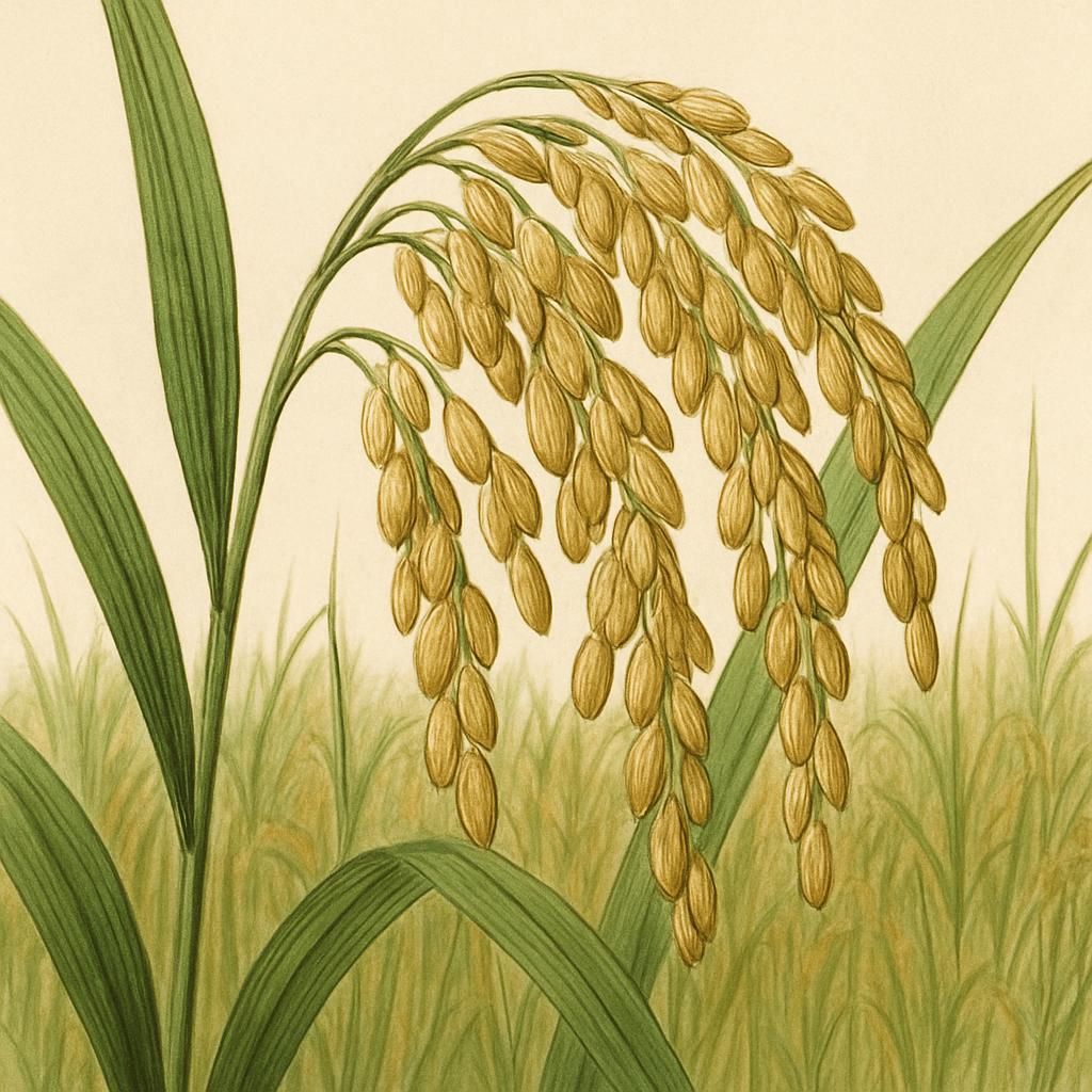Close-up image of Viand Rice crops in an open field under clear sky.